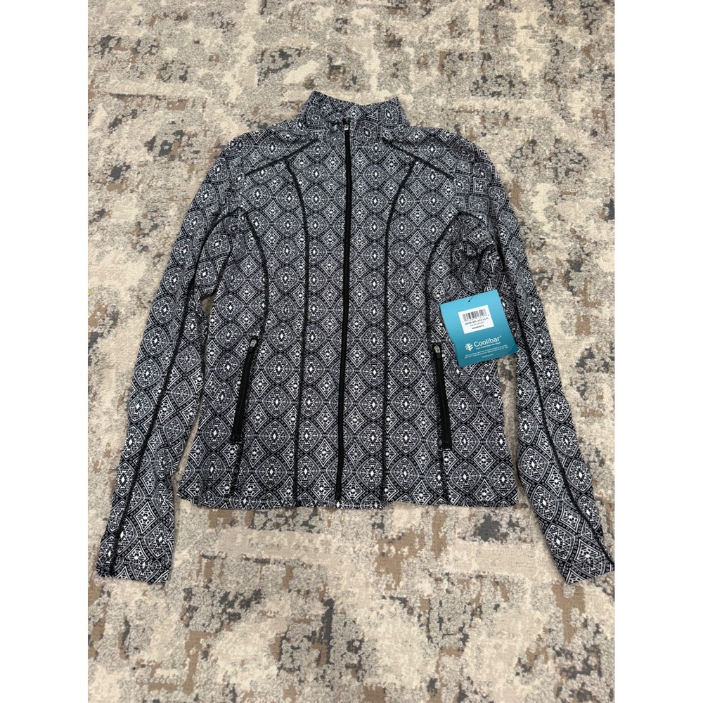 Coolibar Womens Swim Jacket UPF 50+ Zip Rash Guard Black White Geometric Small